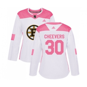 Women's Boston Bruins #30 Gerry Cheevers Authentic White Pink Fashion Hockey Jersey