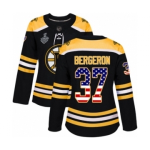 Women's Boston Bruins #37 Patrice Bergeron Authentic Black USA Flag Fashion 2019 Stanley Cup Final Bound Hockey Jersey