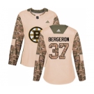 Women's Boston Bruins #37 Patrice Bergeron Authentic Camo Veterans Day Practice Hockey Jersey