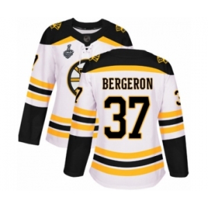 Women's Boston Bruins #37 Patrice Bergeron Authentic White Away 2019 Stanley Cup Final Bound Hockey Jersey