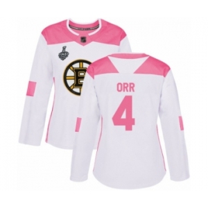 Women's Boston Bruins #4 Bobby Orr Authentic White Pink Fashion 2019 Stanley Cup Final Bound Hockey Jersey