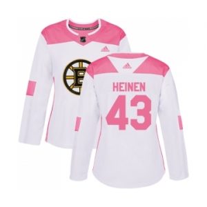 Women's Boston Bruins #43 Danton Heinen Authentic White Pink Fashion Hockey Jersey