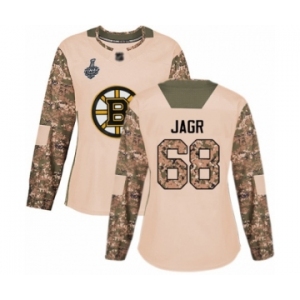 Women's Boston Bruins #68 Jaromir Jagr Authentic Camo Veterans Day Practice 2019 Stanley Cup Final Bound Hockey Jersey