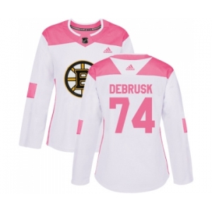 Women's Boston Bruins #74 Jake DeBrusk Authentic White Pink Fashion Hockey Jersey