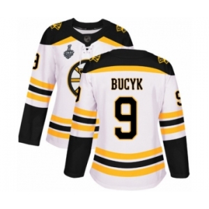 Women's Boston Bruins #9 Johnny Bucyk Authentic White Away 2019 Stanley Cup Final Bound Hockey Jersey