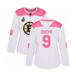 Women's Boston Bruins #9 Johnny Bucyk Authentic White Pink Fashion 2019 Stanley Cup Final Bound Hockey Jersey