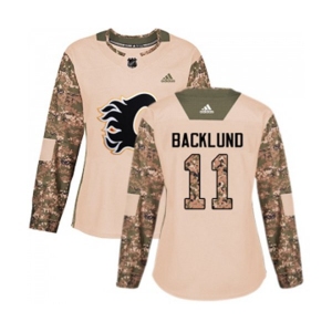 Women Calgary Flames #11 Mikael Backlund Authentic Camo Veterans Day Practice Hockey Jersey
