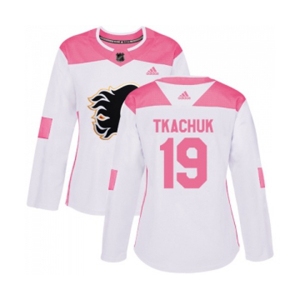 Women Calgary Flames #19 Matthew Tkachuk Authentic White Pink Fashion Hockey Jersey
