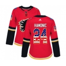 Women Calgary Flames #24 Travis Hamonic Authentic Red USA Flag Fashion Hockey Jersey