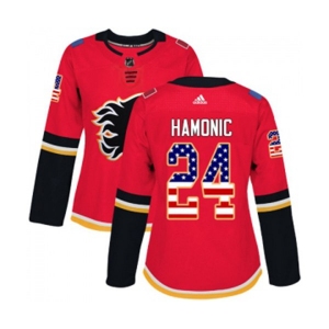 Women Calgary Flames #24 Travis Hamonic Authentic Red USA Flag Fashion Hockey Jersey