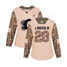 Women Calgary Flames #28 Elias Lindholm Authentic Camo Veterans Day Practice Hockey Jersey