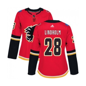 Women Calgary Flames #28 Elias Lindholm Authentic Red Home Hockey Jersey