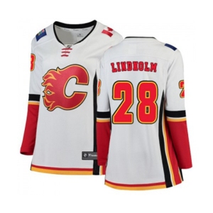 Women Calgary Flames #28 Elias Lindholm Authentic White Away Fanatics Branded Breakaway Hockey Jersey