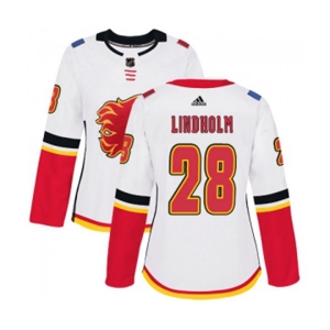 Women Calgary Flames #28 Elias Lindholm Authentic White Away Hockey Jersey