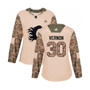 Women Calgary Flames #30 Mike Vernon Authentic Camo Veterans Day Practice Hockey Jersey