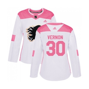 Women Calgary Flames #30 Mike Vernon Authentic White Pink Fashion Hockey Jersey