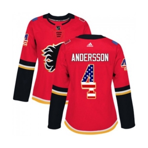 Women Calgary Flames #4 Rasmus Andersson Authentic Red USA Flag Fashion Hockey Jersey