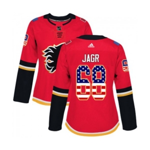 Women Calgary Flames #68 Jaromir Jagr Authentic Red USA Flag Fashion Hockey Jersey