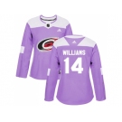 Women Adidas Carolina Hurricanes #14 Justin Williams Purple Authentic Fights Cancer Stitched NHL Jersey