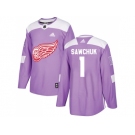 Men Adidas Detroit Red Wings #1 Terry Sawchuk Purple Authentic Fights Cancer Stitched NHL Jersey