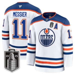 Men's Edmonton Oilers #11 Mark Messier White 2025 Stanley Cup Final Away Premium Jersey