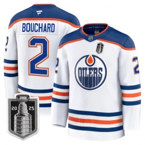 Men's Edmonton Oilers #2 Evan Bouchard White 2025 Stanley Cup Final Away Premium Jersey