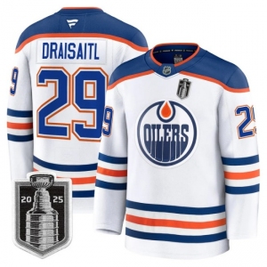 Men's Edmonton Oilers #29 Leon Draisaitl White 2025 Stanley Cup Final Away Premium Jersey
