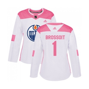 Women Adidas Edmonton Oilers #1 Laurent Brossoit Authentic White Pink Fashion NHL Jersey