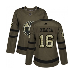 Women Adidas Edmonton Oilers #16 Jujhar Khaira Authentic Green Salute to Service NHL Jersey
