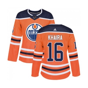 Women Adidas Edmonton Oilers #16 Jujhar Khaira Authentic Orange Home NHL Jersey