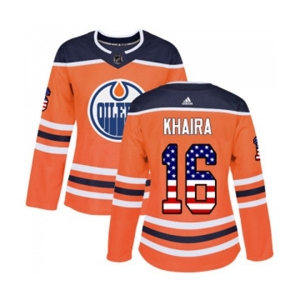 Women Adidas Edmonton Oilers #16 Jujhar Khaira Authentic Orange USA Flag Fashion NHL Jersey