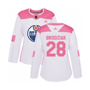 Women Adidas Edmonton Oilers #28 Kyle Brodziak Authentic White Pink Fashion NHL Jersey