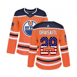 Women Adidas Edmonton Oilers #29 Leon Draisaitl Authentic Orange USA Flag Fashion NHL Jersey