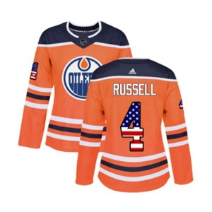 Women Adidas Edmonton Oilers #4 Kris Russell Authentic Orange USA Flag Fashion NHL Jersey