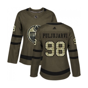 Women Adidas Edmonton Oilers #98 Jesse Puljujarvi Authentic Green Salute to Service NHL Jersey