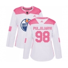 Women Adidas Edmonton Oilers #98 Jesse Puljujarvi Authentic White Pink Fashion NHL Jersey