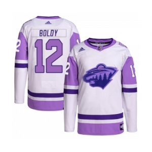 Men's Minnesota Wild #12 Matthew Boldy White Purple 2022 Stitched Jersey
