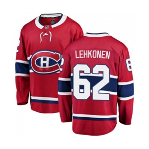 Montreal Canadiens #62 Artturi Lehkonen Authentic Red Home Fanatics Branded Breakaway NHL Jersey