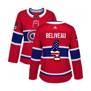 Women Adidas Montreal Canadiens #4 Jean Beliveau Authentic Red USA Flag Fashion NHL Jersey