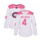 Women Adidas Montreal Canadiens #4 Jean Beliveau Authentic White Pink Fashion NHL Jersey