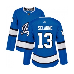 Women Adidas Winnipeg Jets #13 Teemu Selanne Premier Blue Alternate NHL Jersey