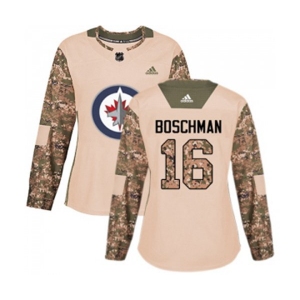 Women Adidas Winnipeg Jets #16 Laurie Boschman Authentic Camo Veterans Day Practice NHL Jersey