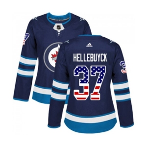 Women Adidas Winnipeg Jets #37 Connor Hellebuyck Authentic Navy Blue USA Flag Fashion NHL Jersey