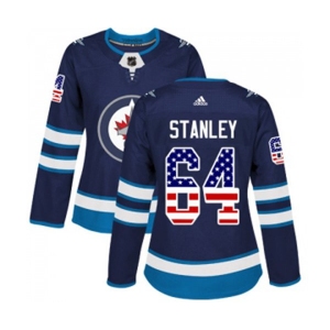Women Adidas Winnipeg Jets #64 Logan Stanley Authentic Navy Blue USA Flag Fashion NHL Jersey