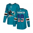 Adidas San Jose Sharks #19 Joe Thornton Authentic Teal Green USA Flag Fashion NHL Jersey