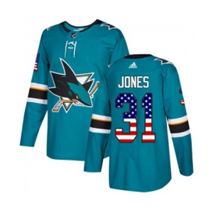 Adidas San Jose Sharks #31 Martin Jones Authentic Teal Green USA Flag Fashion NHL Jersey