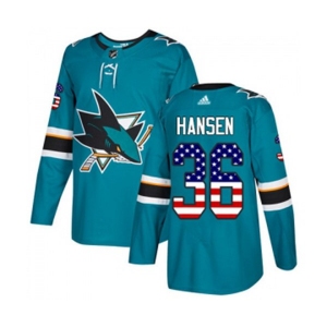 Adidas San Jose Sharks #36 Jannik Hansen Authentic Teal Green USA Flag Fashion NHL Jersey