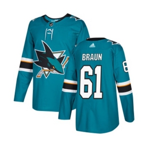 Adidas San Jose Sharks #61 Justin Braun Premier Teal Green Home NHL Jersey