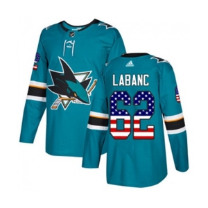 Adidas San Jose Sharks #62 Kevin Labanc Authentic Teal Green USA Flag Fashion NHL Jersey