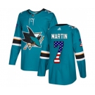 Adidas San Jose Sharks #7 Paul Martin Authentic Teal Green USA Flag Fashion NHL Jersey